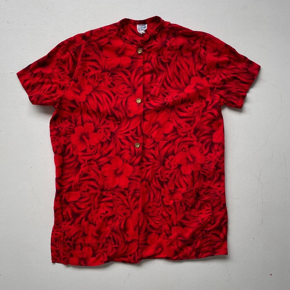 Vtg 60s LA ROSA Red Tropical Floral Button Up Shirt / Sz M Cotton Hawaiian Aloha